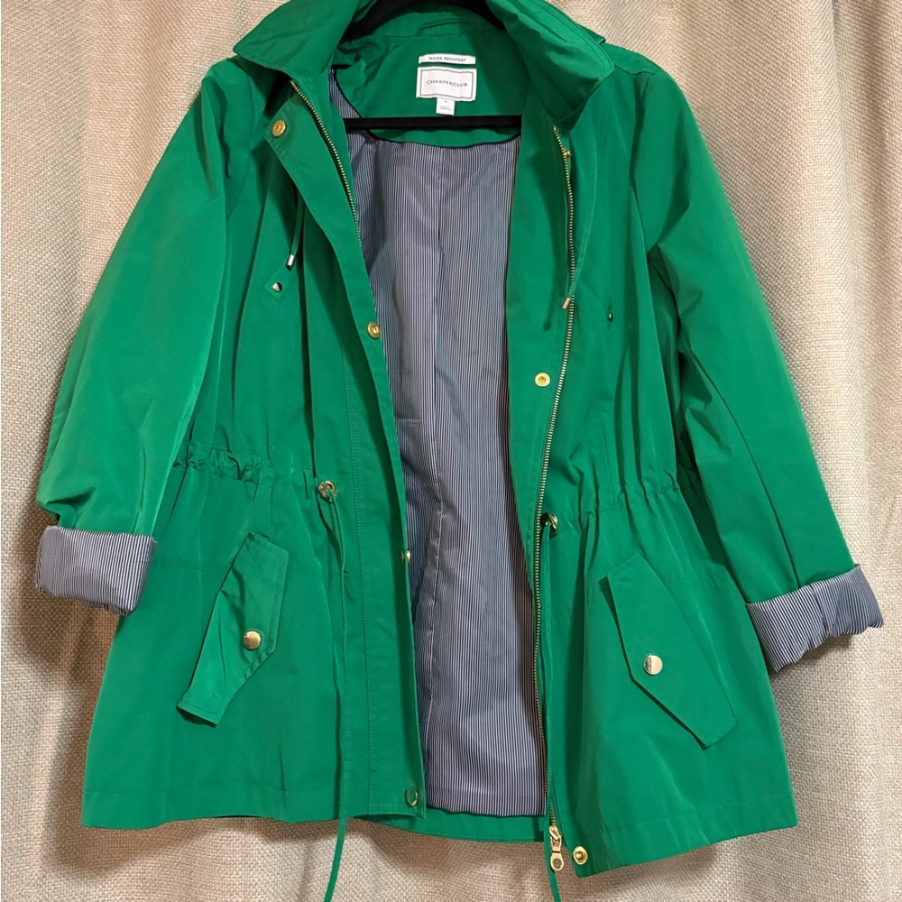 Charter Club Vibrant Green Utility Rain Jacket with Gold Accents
